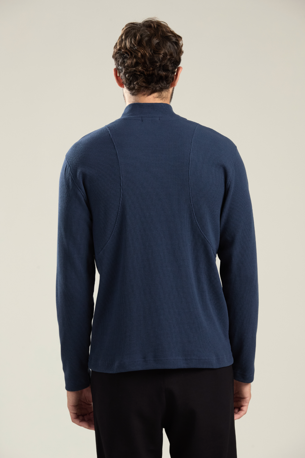 BLUSA ALGODÃO MEIO ZÍPER WAFFLE AZUL JEANS